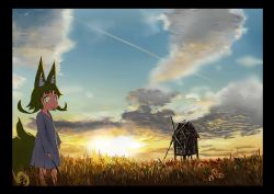 Rule 34 | 1girl, animal ears, black border, blonde hair, blue sky, border, closed mouth, cloud, cloudy sky, commentary request, contrail, doitsuken, dress, field, flower, fox child (doitsuken), fox ears, fox tail, grass, highres, long sleeves, looking at viewer, original, outdoors, short hair, sky, smile, solo, standing, sunset, tail, thick eyebrows, white dress, windmill, yellow eyes