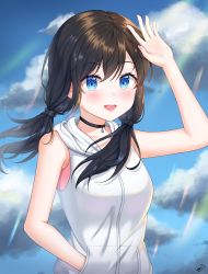 Rule 34 | 1girl, absurdres, amano hina (tenki no ko), bare arms, bare shoulders, black hair, blue eyes, blush, choker, cloud, collarbone, commentary request, day, highres, hood, hood down, hooded jacket, jacket, long hair, looking at viewer, low twintails, open mouth, rnsk2287, sky, sleeveless, sleeveless jacket, smile, solo, teeth, tenki no ko, twintails, upper teeth only