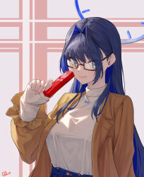 Rule 34 | 1girl, absurdres, blue eyes, blue hair, blue pants, breasts, brown coat, coat, colored inner hair, denim, food, glasses, hair intakes, halo, high-waist pants, highres, holding, holding food, hololive, hololive english, jeans, large breasts, long hair, long sleeves, looking at viewer, mechanical halo, moon (restire), multicolored hair, official alternate costume, open clothes, open coat, ouro kronii, ouro kronii (casual), pants, shirt, signature, smile, trench coat, turtleneck, two-tone hair, virtual youtuber, white shirt