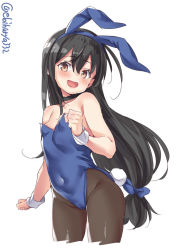 Rule 34 | 1girl, :d, animal ears, black hair, black pantyhose, blue leotard, blush, breasts, brown eyes, covered navel, cowboy shot, cropped legs, ebifurya, fake animal ears, hair between eyes, hairband, hatsushimo (kancolle), highres, kantai collection, leotard, long hair, low-tied long hair, open mouth, pantyhose, playboy bunny, rabbit ears, rabbit tail, simple background, small breasts, smile, solo, tail, very long hair, white background, wrist cuffs