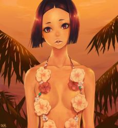 Rule 34 | 1girl, bad id, bad pixiv id, black hair, breasts, cleavage, days, days0047, flower, lips, palm tree, red eyes, small breasts, solo, sunset, swimsuit, tree