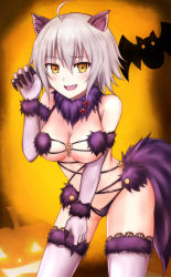 Rule 34 | 1girl, :d, animal ears, black panties, breasts, choker, cleavage, cosplay, cowboy shot, elbow gloves, fate/grand order, fate (series), gloves, grey gloves, grey thighhighs, hair between eyes, highres, jeanne d&#039;arc (fate), jeanne d&#039;arc alter (avenger) (fate), jeanne d&#039;arc alter (fate), leaning forward, mash kyrielight, mash kyrielight (dangerous beast), mash kyrielight (dangerous beast) (cosplay), medium breasts, official alternate costume, open mouth, panties, short hair, silver hair, smile, solo, standing, tail, thighhighs, underwear, wolf ears, wolf tail, yellow eyes, youque