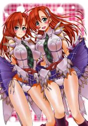 Rule 34 | 1girl, azarashing day, bad id, bad pixiv id, bandai namco, bare shoulders, belt, blush, breast press, breasts, cliana rimskaya, clothes lift, dual persona, feather hair ornament, feathers, fingerless gloves, gloves, green eyes, hair ornament, hairclip, highres, large breasts, long hair, looking at viewer, necktie, open mouth, orange hair, panties, siblings, sisters, skirt, skirt lift, smile, socks, solo, super robot wars, super robot wars destiny, super robot wars original generation, the 2nd super robot wars og, thighhighs, twins, underwear, upskirt, white panties