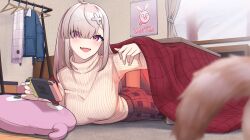 Rule 34 | 1girl, absurdres, ahoge, breasts, cushion, eyes visible through hair, game console, grey hair, hair ornament, hair over one eye, handheld game console, heater, highres, holding, holding handheld game console, indoors, kotatsu, large breasts, long hair, long sleeves, looking at viewer, lying, mole, mole under eye, nijisanji, nintendo switch, norinki (ringknightsaki), on stomach, open mouth, pillow, purple eyes, smile, solo, sukoya kana, table, turtleneck, under kotatsu, under table, virtual youtuber, x hair ornament