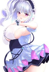Rule 34 | 1girl, azur lane, blue dress, breasts, center frills, clothing cutout, dido (azur lane), dido (muse) (azur lane), dress, frills, hand on own chest, headphones, highres, large breasts, light purple hair, long hair, looking at viewer, megumi kei, open mouth, purple eyes, short dress, side ponytail, sideboob, silver hair, simple background, solo, thighs, underboob, underboob cutout, white background
