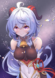 Rule 34 | 1girl, absurdres, ahoge, bare shoulders, bell, blue hair, blush, breasts, covered navel, curled horns, detached sleeves, fujiko sugi, ganyu (genshin impact), genshin impact, gold trim, highres, horns, long hair, looking at viewer, medium breasts, multicolored eyes, neck bell, sidelocks, smile, solo, white sleeves