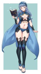 Rule 34 | 1girl, alternate costume, black thighhighs, blue cape, blue hair, blue hairband, blue panties, blunt bangs, blush, book, breasts, brown eyes, cape, cleavage, cleavage cutout, closed mouth, clothing cutout, commentary, commission, cosplay, dark mage (fire emblem fates), english commentary, fire emblem, fire emblem: three houses, fire emblem fates, fire emblem warriors: three hopes, hairband, highres, holding, holding book, igni tion, lace-trimmed hairband, lace trim, large breasts, long hair, looking at viewer, marianne von edmund, navel, nintendo, official alternate hairstyle, ophelia (fire emblem), ophelia (fire emblem) (cosplay), panties, smile, solo, stomach, stomach cutout, thighhighs, toenails, toes, underwear