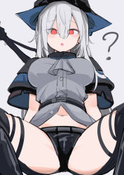 Rule 34 | 1girl, :o, ?, absurdres, arknights, ascot, black capelet, black hat, black pants, breasts, capelet, clothing cutout, commentary, dress, female focus, grey ascot, grey background, grey cloak, grey shirt, hat, highres, hjl (15623862639), long hair, medium breasts, midriff, navel, open mouth, pants, red eyes, shirt, silver hair, sitting, skadi (arknights), solo, spread legs, sword, thigh cutout, thigh strap, thighs, very long hair, weapon, weapon on back, white background