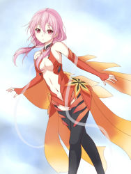 Rule 34 | 10s, 1girl, bare shoulders, black legwear, breasts, center opening, cleavage, detached sleeves, elbow gloves, fingerless gloves, gloves, guilty crown, hair ornament, hairclip, heikichi, looking at viewer, navel, pink hair, red eyes, solo, twintails, yuzuriha inori