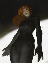 Rule 34 | 1girl, absurdres, arms at sides, black bodysuit, black eyes, bodysuit, cmxv, copyright request, cowboy shot, highres, light smile, long hair, red hair, solo, standing