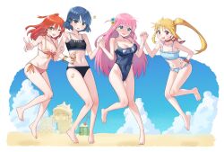 Rule 34 | 4girls, :d, ;d, ^^^, barefoot, bikini, black bikini, blonde hair, blue bikini, blue eyes, blue hair, blue sky, bocchi the rock!, bracelet, breasts, chen yang yang, cleavage, cloud, commentary, covered navel, cube hair ornament, day, english commentary, feet, food, full body, gotoh hitori, green eyes, hair ornament, holding, holding food, holding hands, holding ice cream, ice cream, ijichi nijika, interlocked fingers, jewelry, jumping, kita ikuyo, large breasts, legs, long hair, looking at viewer, medium breasts, mole, mole under eye, multiple girls, old school swimsuit, one-piece swimsuit, one eye closed, open mouth, orange bikini, orange hair, pink hair, red eyes, revision, sand, school swimsuit, sky, small breasts, smile, standing, striped bikini, striped clothes, swimsuit, thighs, toes, underwear, v, yamada ryo