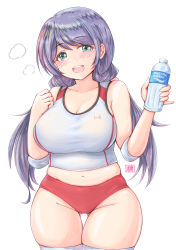 Rule 34 | 1girl, :d, absurdres, alternate costume, aqua eyes, bad id, bad pixiv id, bare arms, bare shoulders, blush, bottle, breasts, buruma, cleavage, curvy, groin, gym uniform, highres, holding, holding bottle, impossible clothes, impossible shirt, large breasts, long hair, looking at viewer, love live!, love live! school idol project, low twintails, midriff, navel, open mouth, parted bangs, plump, pocari sweat, purple hair, red buruma, school uniform, scrunchie, shirt, skin tight, skindentation, smile, solo, swept bangs, tank top, teeth, thighhighs, thighs, tong shui, tojo nozomi, track uniform, twintails, upper teeth only, water bottle, white tank top, white thighhighs, wide hips