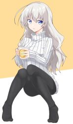 Rule 34 | 1girl, ahoge, black pantyhose, blue eyes, coffee mug, commentary request, cup, full body, grey hair, hair down, highres, holding, holding cup, invisible chair, kizuna akari, legs, long hair, long sleeves, looking at viewer, mug, no pants, no shoes, pantyhose, parted lips, ribbed sweater, sena kizahashi, sitting, solo, sweater, turtleneck, voiceroid, white sweater