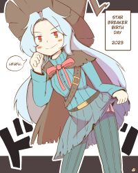 Rule 34 | 100 percent orange juice, 1girl, 9hf, adapted costume, belt, blue shirt, blue skirt, blue thighhighs, blush, brown cape, brown hat, cape, closed mouth, clothes lift, commentary, english commentary, garter straps, grey hair, hat, highres, long hair, long sleeves, neck ribbon, parted bangs, pink ribbon, red eyes, ribbon, shirt, skirt, skirt lift, smile, solo, speech bubble, star breaker (orange juice), thighhighs, upper body, very long hair, witch hat