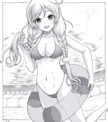 Rule 34 | 1girl, absurdres, bikini, breasts, cleavage, greyscale, h2 (h20000000), highres, holding, holding own hair, holding swim ring, innertube, kantai collection, large breasts, long hair, medium breasts, micro bikini, minegumo (kancolle), monochrome, navel, ocean, open mouth, outdoors, smile, solo, sun, swim ring, swimsuit, traditional media