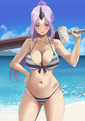 Rule 34 | 1girl, alternate nail color, bare shoulders, beach, bikini, black horns, black nails, blue sky, breasts, cleavage, cloud, collarbone, commentary, cowboy shot, day, gluteal fold, groin, hand on own hip, hand up, high ponytail, holding, holding sword, holding weapon, horizon, horn, horns, kesoshirou, large breasts, legs apart, long hair, looking at viewer, nail polish, navel, ocean, oni, oni girl, oni horn, oni horns, open mouth, outdoors, parted bangs, ponytail, purple eyes, purple hair, sand, shiny skin, shion (tensei shitara slime datta ken), single horn, sky, solo, standing, stomach, striped bikini, striped clothes, swimsuit, sword, teeth, tensei shitara slime datta ken, thighs, upper teeth only, v-shaped eyebrows, water, weapon