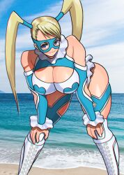 Rule 34 | 1girl, akisu k, bare shoulders, beach, blonde hair, blue eyes, boots, breasts, cloud, cloudy sky, large breasts, long hair, looking at viewer, mask, ocean, rainbow mika, sand, sky, street fighter, twintails, wrestling outfit