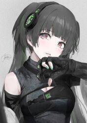 Rule 34 | black gloves, black hair, breasts, brown eyes, cleavage, clothing cutout, commentary request, gloves, green hair, green nails, grey hair, headphones, highres, idolmaster, idolmaster shiny colors, long hair, mayuzumi fuyuko, medium breasts, multicolored hair, nail polish, parted lips, partial commentary, partially fingerless gloves, powder is kona, shoulder cutout, signature, streaked hair, two side up, upper body
