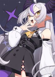 Rule 34 | 1girl, :d, ahoge, ascot, bare shoulders, commentary request, cowboy shot, detached sleeves, fang, flat chest, grey hair, hololive, horns, huge horns, la+ darknesss, la+ darknesss (1st costume), long hair, long sleeves, looking at viewer, multicolored hair, nanana narang, open mouth, pantyhose, pointy ears, purple hair, purple pantyhose, single leg pantyhose, slit pupils, smile, solo, streaked hair, striped horns, tail, very long hair, virtual youtuber, yellow eyes