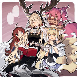 Rule 34 | 4girls, absurdres, animal ear fluff, animal ears, antlers, antlers through headwear, arknights, armored boots, bare shoulders, blank speech bubble, blonde hair, blue hairband, book, boots, braid, braided hair rings, closed eyes, clothing cutout, colored tips, commentary request, deer antlers, deer ears, deer girl, donki (yeah), frilled sleeves, frills, green eyes, hair between eyes, hairband, highres, holding, holding book, horns, material growth, morte (arknights), multicolored hair, multiple girls, myrtle (arknights), open mouth, oripathy lesion (arknights), pink hair, pointy ears, red hair, shamare (arknights), short hair, short sleeves, shoulder cutout, speech bubble, stuffed wolf, suzuran (arknights), twin braids, two-tone hair, viviana (arknights), white hair