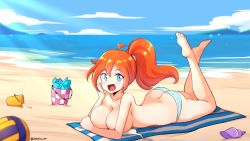 Rule 34 | 1girl, artist name, ass, beach, bikini, bloom (winx club), blue eyes, breasts, butt crack, cleavage, highres, jarckius, large breasts, long hair, looking at viewer, orange hair, ponytail, sky, smile, solo, striped bikini, striped clothes, swimsuit, winx club