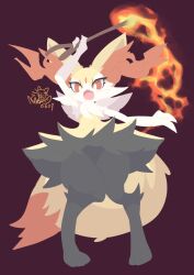 Rule 34 | 1girl, animal ear fluff, animal ears, animal feet, animal hands, animal nose, arm up, artist name, black fur, blush, body fur, braixen, creatures (company), dated, fang, female focus, fire, flat chest, fox ears, fox girl, fox tail, full body, furry, furry female, game freak, gen 6 pokemon, happy, holding, holding stick, knees together feet apart, legs, light blush, looking at viewer, multicolored fur, neck fur, nintendo, nyaswitchnya, open mouth, pigeon-toed, pokemon, pokemon (creature), purple background, pyrokinesis, red eyes, signature, simple background, smile, solo, standing, stick, tail, thighs, white fur, yellow fur