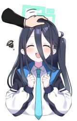 Rule 34 | 1girl, :d, ^ ^, aris (blue archive), black hair, black hairband, blue archive, blue necktie, blush, closed eyes, commentary request, hair between eyes, hairband, halo, heart, highres, jacket, long hair, long sleeves, murase48, necktie, open mouth, shirt, side ponytail, simple background, smile, solo, teeth, upper body, upper teeth only, white background, white jacket, white shirt