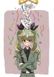 Rule 34 | 10s, 1girl, absurdres, anchovy (girls und panzer), anzio military uniform, belt, black belt, black necktie, black ribbon, black shirt, brown background, closed mouth, commentary, confetti, confetti ball, crossed arms, dress shirt, drill hair, english text, frown, girls und panzer, green hair, grey jacket, hair ribbon, hanging scroll, happy birthday, highres, jacket, long hair, long sleeves, looking at viewer, military, military uniform, motion blur, necktie, outside border, raised eyebrow, red eyes, ribbon, sam browne belt, scroll, shirt, solo, standing, twin drills, twintails, uniform, upper body, urouchi, wavy mouth