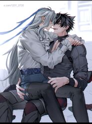 Rule 34 | 2boys, arms around another&#039;s neck, bad tag, food, food in mouth, genshin impact, hand on another&#039;s ass, hand on another&#039;s thigh, highres, multiple boys, neuvillette (genshin impact), np (1231 0720), pocky, pocky in mouth, pocky kiss, shared food, sitting, sitting on lap, sitting on person, twitter, wriothesley (genshin impact), yaoi