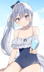 Rule 34 | 1girl, absurdres, bare legs, bare shoulders, black one-piece swimsuit, blue archive, blue halo, blush, collarbone, flat chest, food, frilled one-piece swimsuit, frills, grey hair, hair between eyes, halo, highres, holding, holding food, long hair, looking at viewer, miyako (blue archive), miyako (swimsuit) (blue archive), official alternate costume, one-piece swimsuit, parted lips, ponytail, popsicle, purple eyes, shiino sera, solo, swimsuit