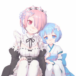 Rule 34 | 10s, 2girls, age difference, aged down, alternate legwear, artist name, blue eyes, blue hair, bow, detached sleeves, flower, frills, hair flower, hair ornament, hair over one eye, hairband, hand on own knee, japanese clothes, kimono, maid, multiple girls, obi, pink hair, ram (re:zero), re:zero kara hajimeru isekai seikatsu, red eyes, rem (re:zero), ribbon, ribbon-trimmed clothes, ribbon-trimmed collar, ribbon-trimmed sleeves, ribbon trim, sash, shanpao, short hair, siblings, side-by-side, simple background, sisters, sitting, smile, thighhighs, time paradox, twins, underbust, white background, white legwear, x hair ornament