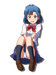 Rule 34 | 1girl, asymmetrical bangs, black socks, blue hair, blue skirt, blush, bow, bowtie, brown footwear, commentary request, crotch seam, dress shirt, frown, full body, idolmaster, idolmaster million live!, invisible chair, lielos, loafers, looking at viewer, miniskirt, nanao yuriko, open mouth, panties, pantyshot, plaid, plaid skirt, pleated skirt, red bow, red bowtie, school uniform, shirt, shoes, short hair, silhouette, simple background, sitting, skirt, socks, solo, sweatdrop, underwear, v arms, white background, white shirt, yellow eyes