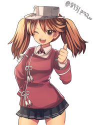 Rule 34 | &gt;;d, 10s, 1girl, 8931ponzu, brown eyes, brown hair, japanese clothes, kantai collection, magatama, miniskirt, one eye closed, onmyouji, open mouth, ryuujou (kancolle), shikigami, skirt, smile, solo, thumbs up, twintails, v-shaped eyebrows, visor cap