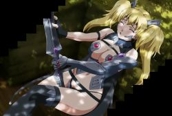 Rule 34 | 10s, 1girl, armor, blonde hair, blush, breasts, closed eyes, curvy, elina (queen&#039;s blade), female focus, forest, gloves, grass, highres, large breasts, long hair, lying, nature, outdoors, panties, plant, polearm, queen&#039;s blade, queen&#039;s blade rebellion, screencap, solo, spear, thong, twintails, underwear, weapon