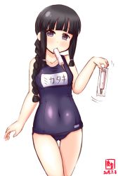 Rule 34 | 1girl, alternate costume, artist logo, black eyes, black hair, blue one-piece swimsuit, blunt bangs, braid, clenched hand, commentary request, cowboy shot, dated, food, gluteal fold, head tilt, highres, kanon (kurogane knights), kantai collection, kitakami (kancolle), legs together, long hair, looking at viewer, mouth hold, name tag, one-piece swimsuit, popsicle, school swimsuit, simple background, single braid, solo, standing, swimsuit, thigh gap, white background