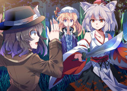 Rule 34 | &gt;:(, 3girls, alternate costume, animal ears, bare shoulders, black hair, black skirt, blonde hair, blue eyes, brown eyes, brown jacket, closed mouth, collarbone, cowboy shot, detached sleeves, e.o., fedora, forest, frown, glint, hands up, hat, holding, holding sword, holding weapon, inubashiri momiji, jacket, katana, long sleeves, looking at another, maribel hearn, mob cap, multiple girls, nature, obi, open mouth, outdoors, sash, shield, silver hair, skirt, surprised, sweat, sword, tokin hat, touhou, usami renko, v-shaped eyebrows, weapon, wide sleeves, wolf ears