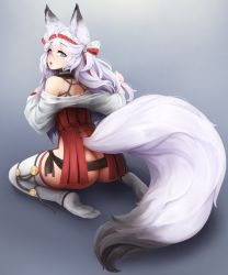 Rule 34 | 1girl, animal ear fluff, animal ears, ass, barbariank, bare shoulders, blue eyes, butt crack, commentary, english commentary, fluffy, fox ears, fox tail, from behind, gradient background, grey background, hair between eyes, hairband, highres, large tail, light purple hair, long hair, looking at viewer, looking back, meyeri (barbariank), no panties, no shoes, open mouth, original, shibari, shibari under clothes, side slit, simple background, sitting, solo, tail, thighhighs, white background, white thighhighs