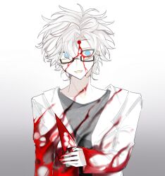 Rule 34 | 1boy, absurdres, blood, blood on clothes, blood on face, blood on hands, blue eyes, chinese commentary, commentary request, glasses, gradient background, grey shirt, highres, kanou aogu, lab coat, long sleeves, looking at viewer, male focus, open mouth, qianmiaojiangbushiqiandaojiang, rectangular eyewear, saibou shinkyoku, shirt, short hair, simple background, smile, upper body, white hair