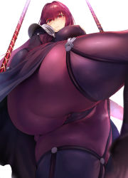 Rule 34 | 1girl, armor, ass, bad id, bad pixiv id, blurry, bodysuit, breasts, cameltoe, cleft of venus, close-up, colored skin, commentary request, covered erect nipples, covered navel, curvy, depth of field, expressionless, fate/grand order, fate (series), from below, gae bolg (fate), hair between eyes, highres, huge ass, ikuchan kaoru, large breasts, leg lift, leotard, long hair, looking at viewer, looking down, multicolored skin, out of frame, pauldrons, perspective, pink lips, plump, polearm, purple bodysuit, purple hair, purple leotard, red eyes, scathach (fate), shoulder armor, skindentation, solo, spear, spread legs, standing, standing on one leg, sweat, thick thighs, thighs, weapon, wide hips