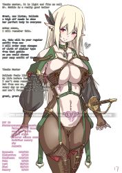 Rule 34 | 1girl, armor, bdsm, belly piercing, blonde hair, bondage, bound, breasts, bridal gauntlets, brown thighhighs, collar, ear piercing, elf, english text, feather hair ornament, garter straps, hair ornament, harness, highres, hypnosis, jewelry, large breasts, magic, mind control, navel piercing, nipple piercing, nipple rings, original, piercing, pointy ears, pubic hair, pubic tattoo, public indecency, purple eyes, sex slave, slave, solinda (yakou), stats, strap, sword, tattoo, thighhighs, translated, pussy juice, warrior, weapon, yakou (4507770)