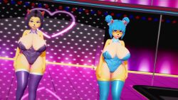 Rule 34 | 2girls, 3d, animal ears, animal nose, animated, arms up, ass, ass shake, audible music, black hair, blue hair, blue legwear, breasts, breasts out, crash bandicoot (series), dancer, dancing, double bun, eyeshadow, furry, furry female, hair bun, hands on own hips, high heels, huge breasts, indoors, leotard, liz bandicoot, looking at viewer, makeup, megumi (crash bandicoot), momo kanae, multiple girls, nipples, nude, playboy bunny, purple legwear, sound, stage, tail, thick thighs, thighhighs, thighs, video