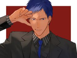 Rule 34 | 1boy, aomine daiki, black shirt, black suit, blue eyes, blue hair, blue necktie, border, collared shirt, formal, hand on own forehead, highres, kuroko no basuke, long sleeves, looking at viewer, male focus, mirin (coene65), necktie, parted lips, portrait, red background, shirt, solo, suit, tan, white border