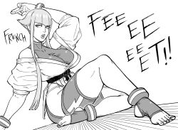 1girl absurdres bb_(baalbuddy) breasts cleavage dougi english_text highres large_breasts long_hair looking_at_viewer manon_legrand martial_arts_belt panty_straps short_sleeves solo street_fighter street_fighter_6 thigh_strap