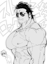 Rule 34 | 2boys, bara, blush, covered erect nipples, doodle inset, facial hair, from side, glasses dilf (mabataki), goatee stubble, greyscale, highres, large pectorals, long sideburns, looking at another, looking at viewer, mabataki, male focus, mature male, monochrome, multiple boys, muscular, muscular male, mustache stubble, original, pectorals, shirt, short hair, sideburns, solo focus, stubble, sunglasses, t-shirt, thick eyebrows, tight clothes, tight shirt, undersized clothes, veins, veiny arms, yaoi