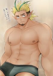 Rule 34 | 1boy, abs, absurdres, antenna hair, bara, blonde hair, boxer briefs, brown hair, collarbone, crave saga, dark-skinned male, dark skin, earclip, facial hair, facial mark, goatee, green eyes, green hair, green male underwear, higemaccho, highres, looking at viewer, male focus, male underwear, multicolored hair, muscular, muscular male, nipples, pectorals, pointy ears, ponytail, russell (crave saga), simple background, solo, topless male, translation request, underwear, underwear only, whisker markings