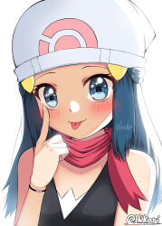 Rule 34 | 1girl, :p, absurdres, akanbe, bare shoulders, beanie, black shirt, blue eyes, blue hair, creatures (company), dawn (pokemon), eyelid pull, game freak, hair ornament, hairclip, hat, highres, hikari (knuckles97), long hair, looking at viewer, nintendo, pokemon, pokemon dppt, red scarf, scarf, shirt, simple background, sleeveless, solo, tongue, tongue out, upper body, white background, white hat