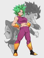 Rule 34 | 3girls, abs, arms up, back-to-back, bare shoulders, black eyes, black hair, boots, bracelet, breasts, caulifla, clenched hands, collarbone, crop top, crossed arms, crotch seam, dirty, dragon ball, dragon ball super, dual persona, earrings, expressionless, from side, frown, full body, glitter, green eyes, green hair, grey background, greyscale, grin, half-closed eyes, hands on own hips, jewelry, kale (dragon ball), kefla (dragon ball), kemachiku, knee boots, legs apart, looking at viewer, looking to the side, medium breasts, midriff, monochrome, multiple girls, muscular, muscular female, pants, parted bangs, parted lips, partially colored, potara earrings, profile, scratches, shaded face, shiny skin, short hair, simple background, smile, spiked hair, standing, super saiyan, teeth, upper body, v-shaped eyebrows, very short hair, wristband