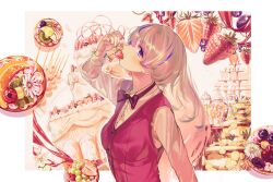 Rule 34 | 1girl, arm behind back, blue eyes, blush, border, bow, bowtie, brown hair, cake, collared shirt, eating, food, food in mouth, from side, fruit, hair between eyes, hand up, highres, long hair, long sleeves, looking at viewer, nail polish, nik ibi, orange (fruit), orange slice, original, outside border, red bow, red bowtie, red nails, red pupils, red vest, shirt, sidelocks, sideways glance, solo, strawberry, sweets, traditional bowtie, upper body, vest, white border, white shirt