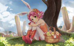 Rule 34 | 1girl, absurdres, animal ears, basket, blackma (pagus0012), blue sky, boots, bow, cloud, day, dragon girl, easter egg, egg, closed eyes, facial mark, fae (fire emblem), fake animal ears, fire emblem, fire emblem: the binding blade, fire emblem heroes, flower, forehead mark, gloves, grass, green eyes, hair bow, hair flower, hair ornament, highres, knees up, leaning forward, light smile, looking at viewer, nintendo, official alternate costume, orange bow, outdoors, pantyhose, pillar, pink hair, pointy ears, rabbit ears, red footwear, ribbon, short hair, sitting, sky, solo, tree, white gloves, white pantyhose, wrist ribbon