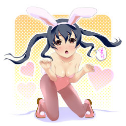 Rule 34 | 00s, 1girl, animal ears, black hair, blush, breasts, brown eyes, cleavage, fake animal ears, female focus, full body, halftone, halftone background, k-on!, long hair, majoora, nakano azusa, pantyhose, playboy bunny, rabbit ears, rabbit tail, solo, tail, twintails